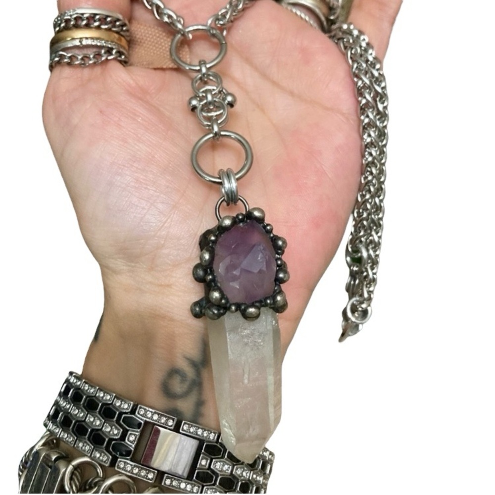 crystal quartz & amethyst gem stainless steel maille celtic lariat Y necklace. - Picture 2 of 15